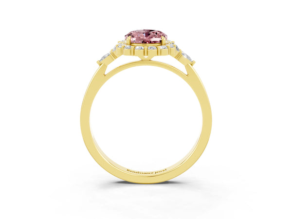 Yellow gold Oval Cut Morganite Halo Ring with Pear Side Stones and Prong Setting