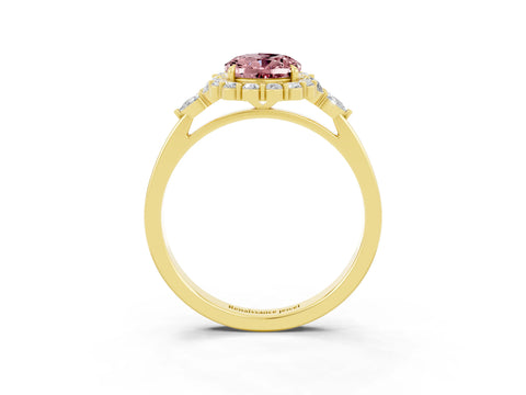 Yellow gold Oval Cut Morganite Halo Ring with Pear Side Stones and Prong Setting_15