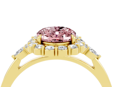 Yellow gold Oval Cut Morganite Halo Ring with Pear Side Stones and Prong Setting_16