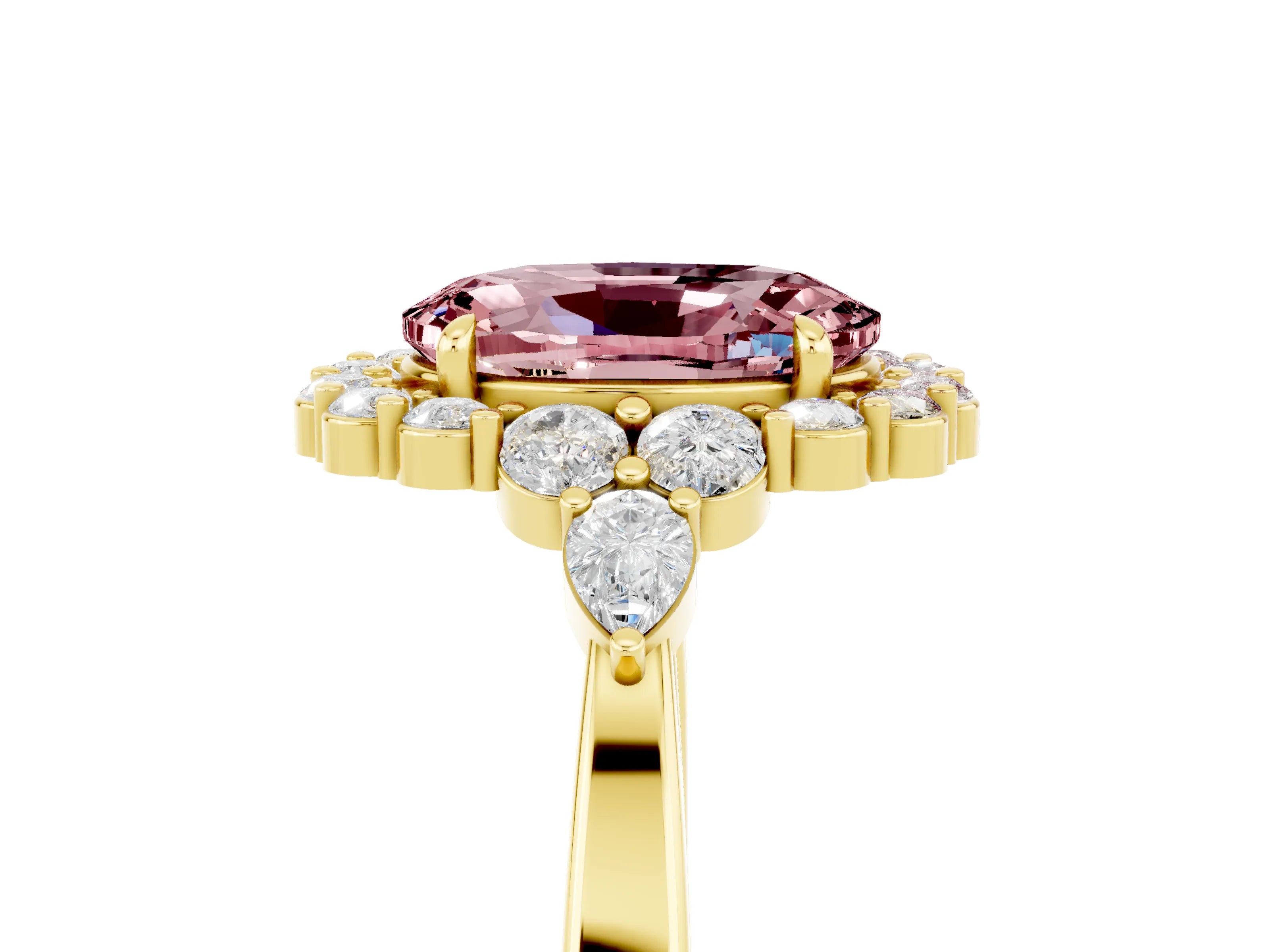 Yellow gold Oval Cut Morganite Halo Ring with Pear Side Stones and Prong Setting_17