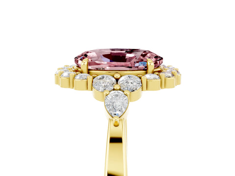 Yellow gold Oval Cut Morganite Halo Ring with Pear Side Stones and Prong Setting_17