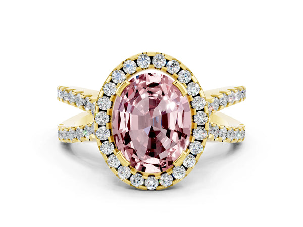 Yellow gold Oval Cut Morganite Halo Ring with Split Shank Pavé Band and Prong Setting