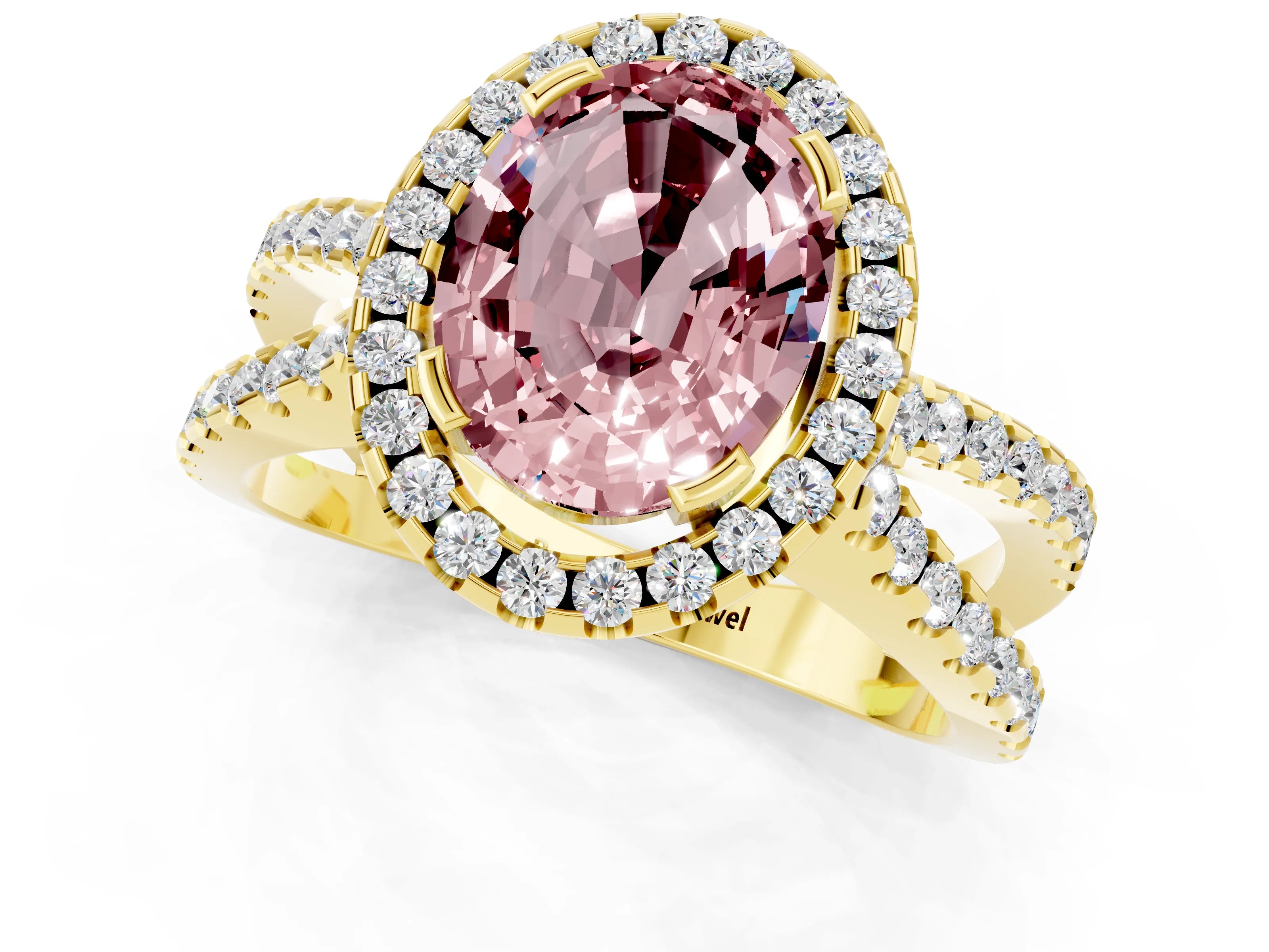 Yellow gold Oval Cut Morganite Halo Ring with Split Shank Pavé Band and Prong Setting_1