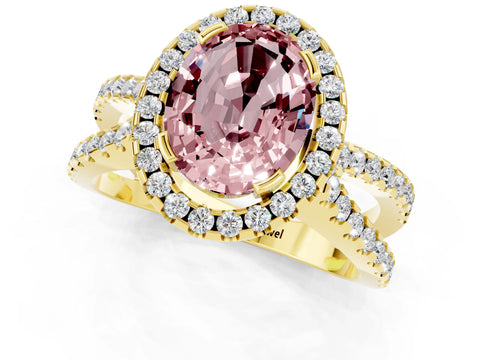 Yellow gold Oval Cut Morganite Halo Ring with Split Shank Pavé Band and Prong Setting_1