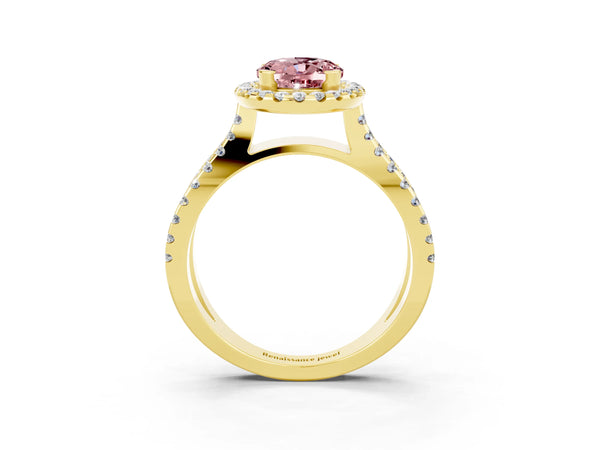 Yellow gold Oval Cut Morganite Halo Ring with Split Shank Pavé Band and Prong Setting