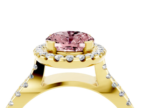 Yellow gold Oval Cut Morganite Halo Ring with Split Shank Pavé Band and Prong Setting_4