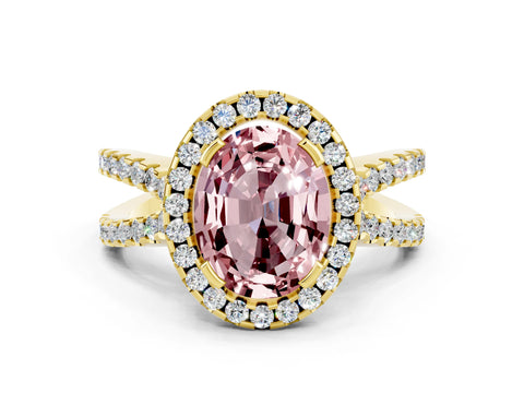 Yellow gold Oval Cut Morganite Halo Ring with Split Shank Pavé Band and Prong Setting