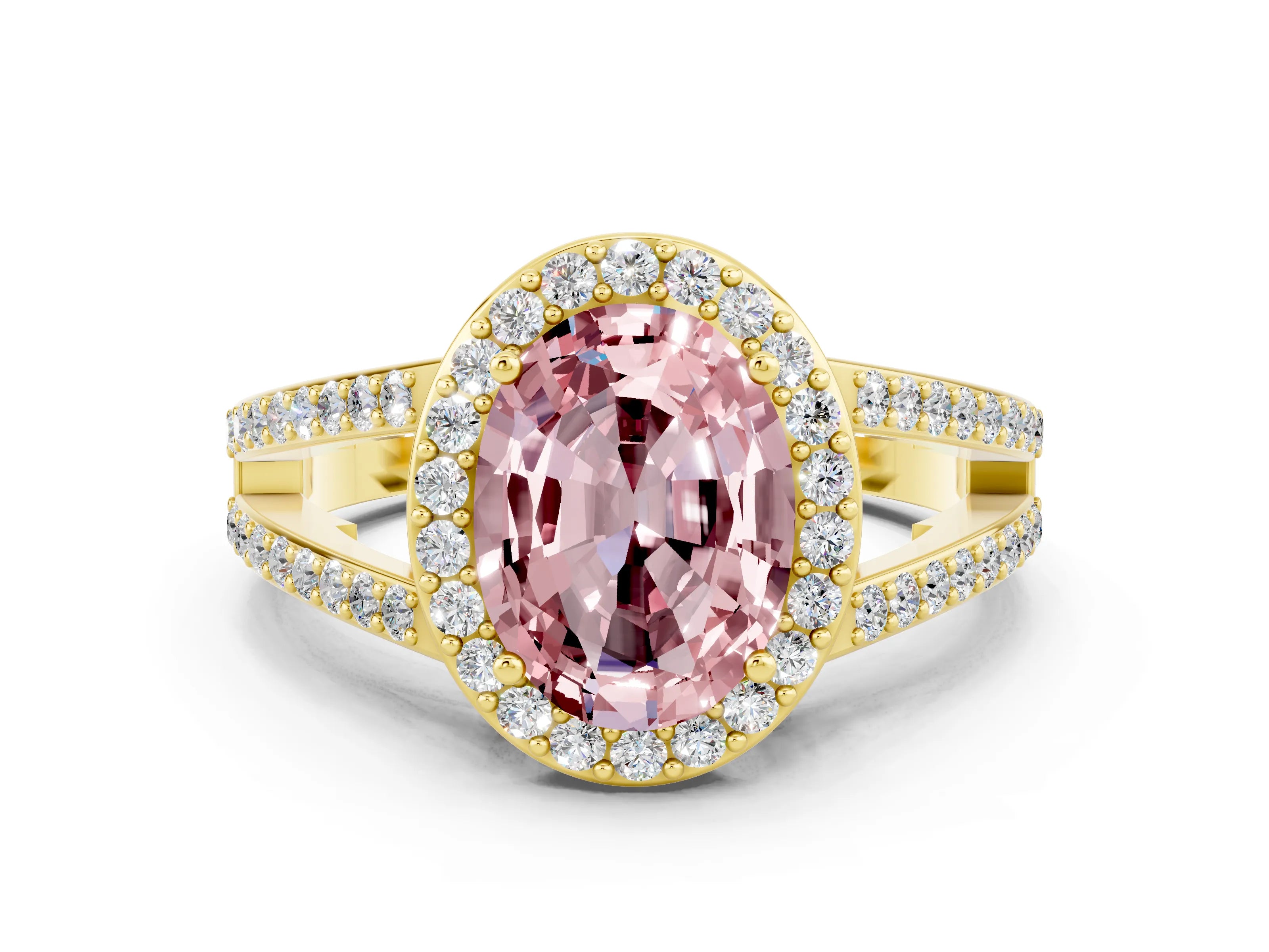 Yellow gold Oval Cut Morganite Halo Ring with Split Shank U-Prong Band and Four-Prong Setting