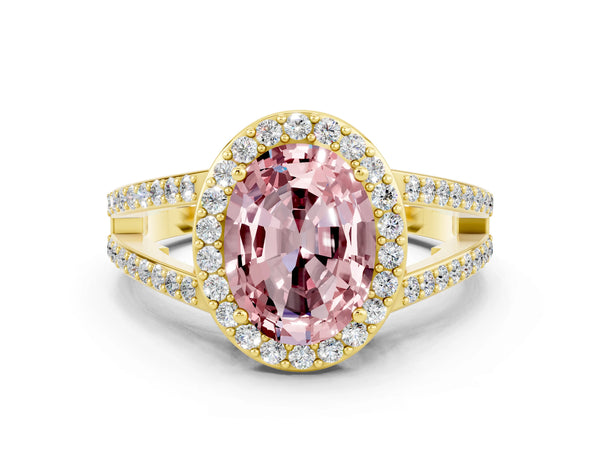 Yellow gold Oval Cut Morganite Halo Ring with Split Shank U-Prong Band and Four-Prong Setting