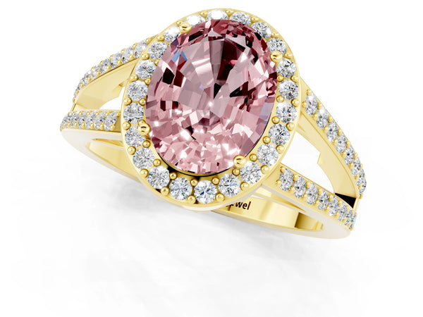 Yellow gold Oval Cut Morganite Halo Ring with Split Shank U-Prong Band and Four-Prong Setting