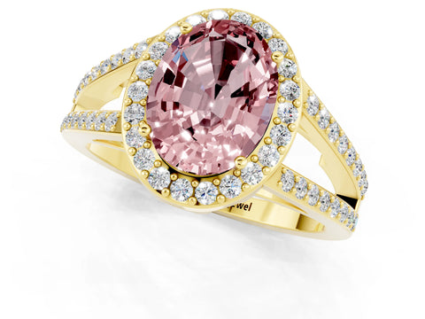 Yellow gold Oval Cut Morganite Halo Ring with Split Shank U-Prong Band and Four-Prong Setting_1