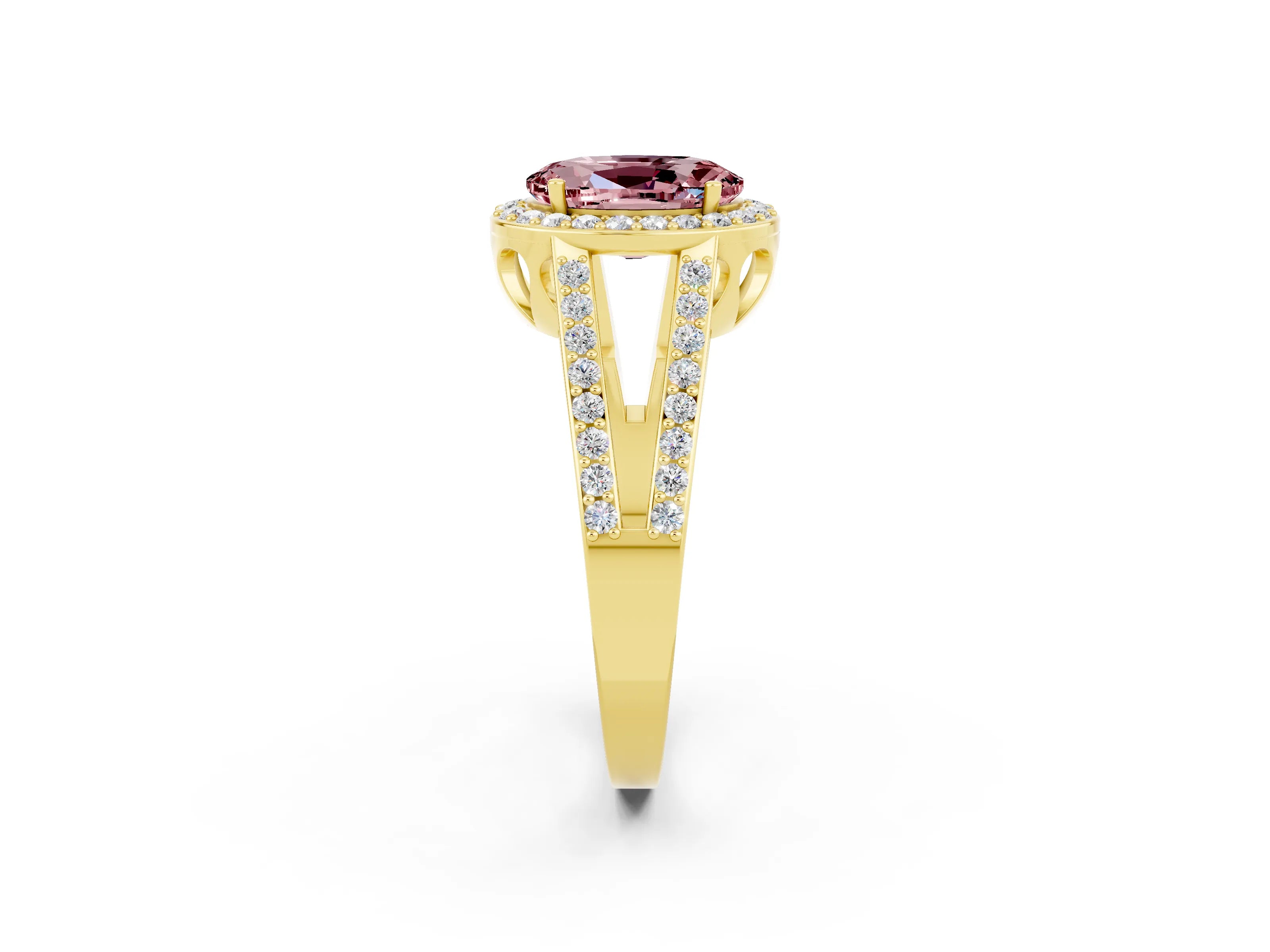 Yellow gold Oval Cut Morganite Halo Ring with Split Shank U-Prong Band and Four-Prong Setting_2