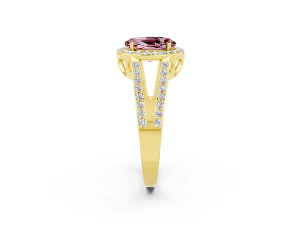 Yellow gold Oval Cut Morganite Halo Ring with Split Shank U-Prong Band and Four-Prong Setting
