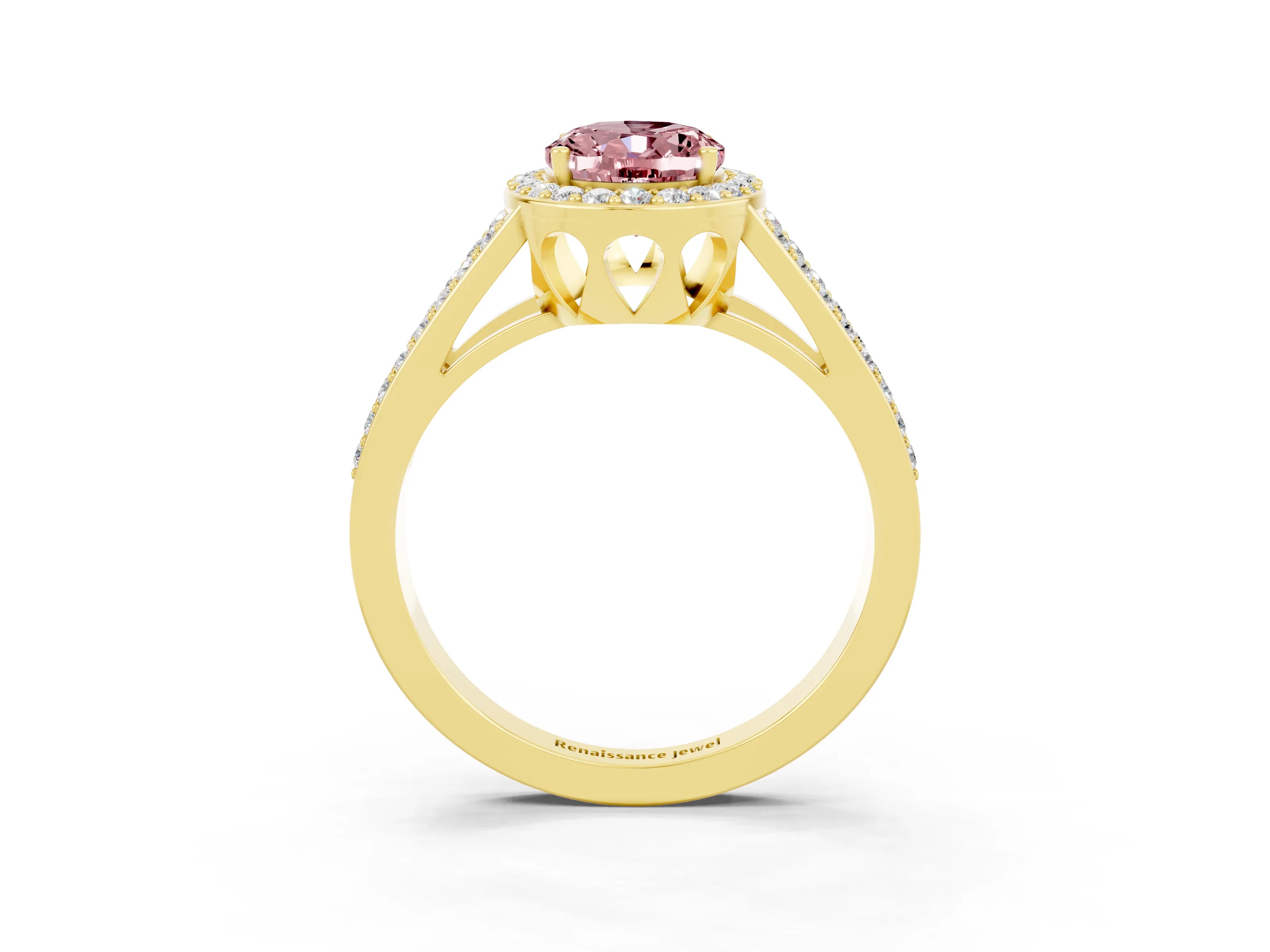 Yellow gold Oval Cut Morganite Halo Ring with Split Shank U-Prong Band and Four-Prong Setting_3