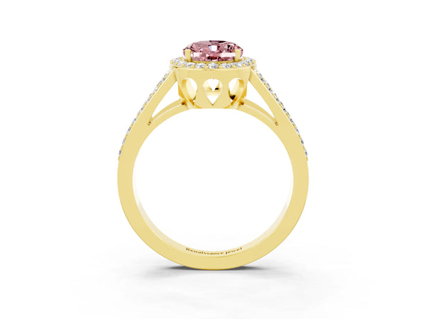 Yellow gold Oval Cut Morganite Halo Ring with Split Shank U-Prong Band and Four-Prong Setting