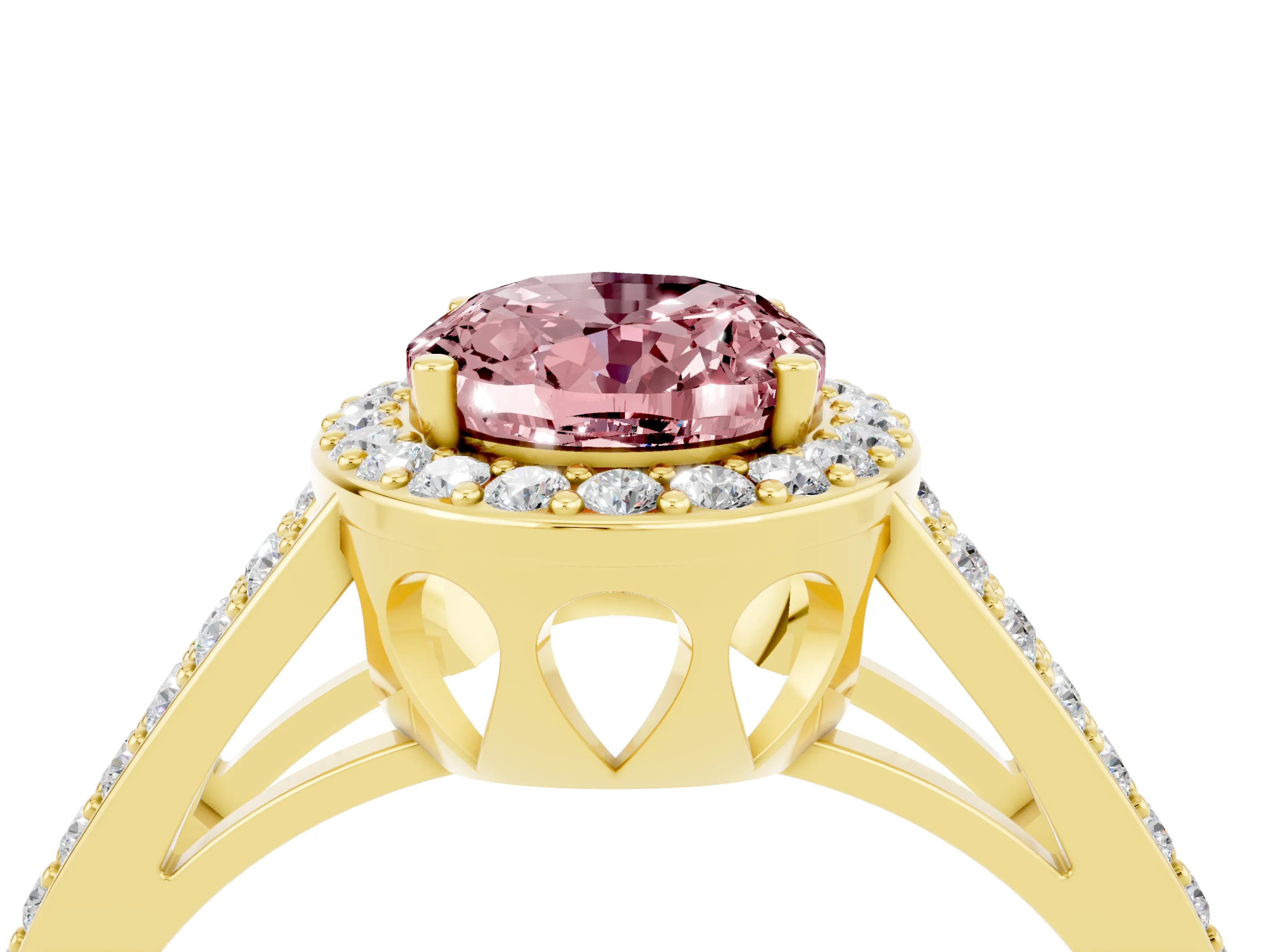 Yellow gold Oval Cut Morganite Halo Ring with Split Shank U-Prong Band and Four-Prong Setting_4