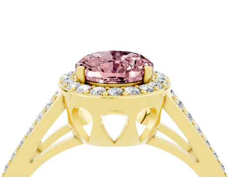 Yellow gold Oval Cut Morganite Halo Ring with Split Shank U-Prong Band and Four-Prong Setting_4