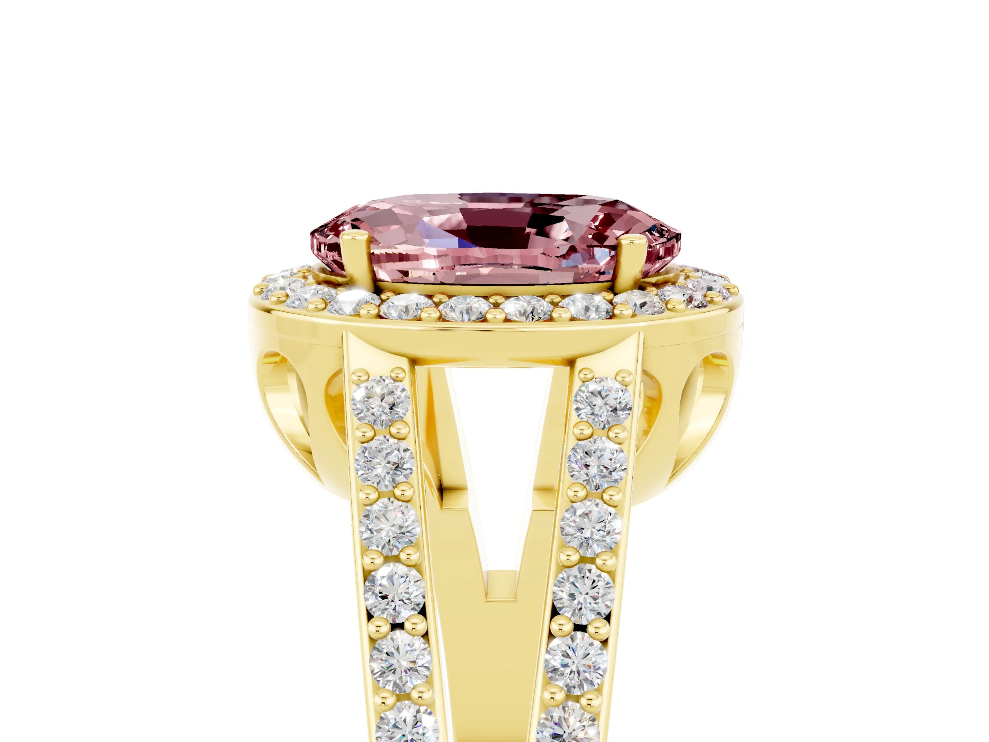 Yellow gold Oval Cut Morganite Halo Ring with Split Shank U-Prong Band and Four-Prong Setting_5