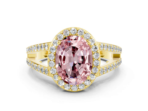 Yellow gold Oval Cut Morganite Halo Ring with Split Shank U-Prong Band and Four-Prong Setting