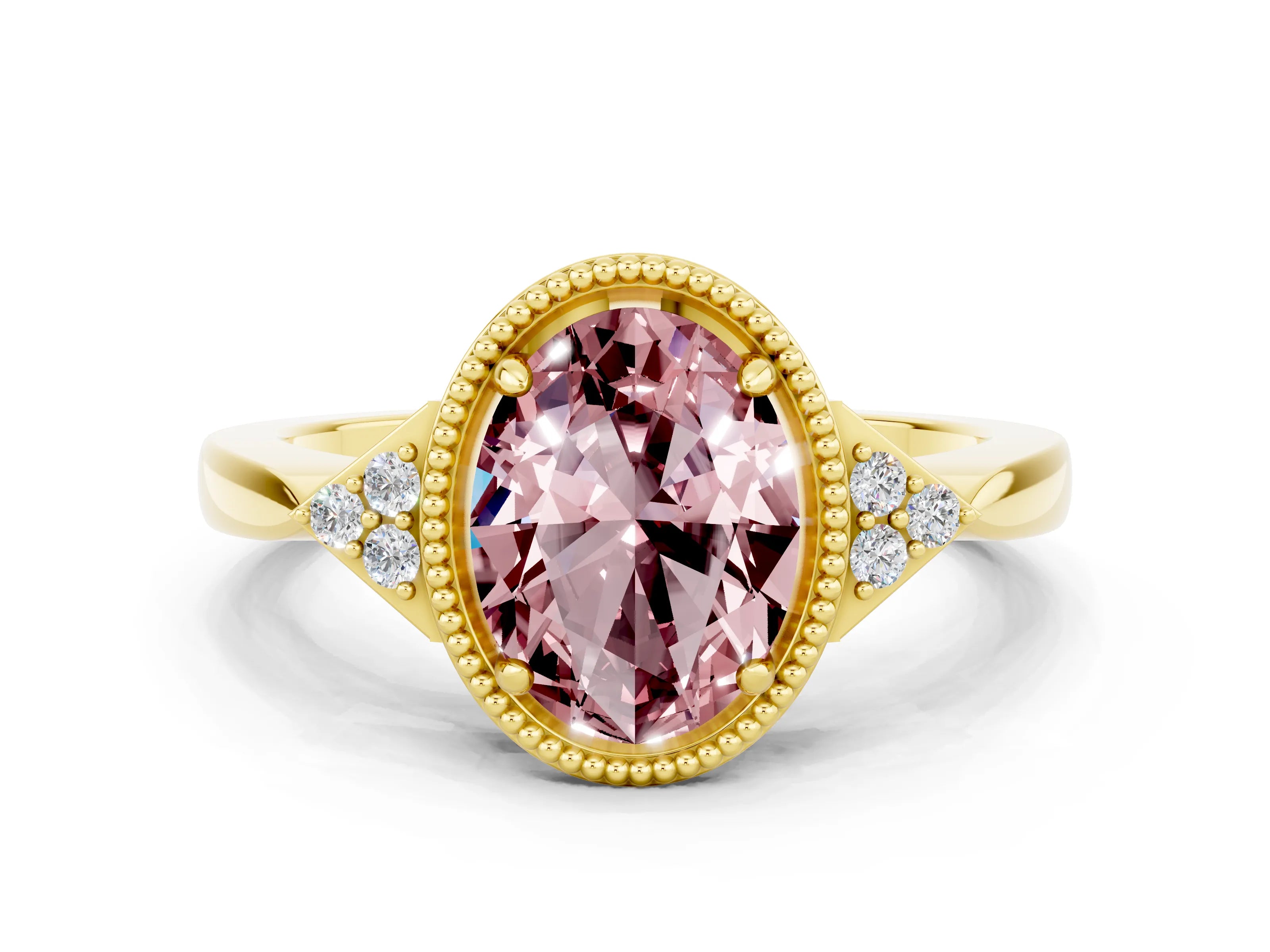 Yellow gold Oval Cut Morganite Halo Ring with Tapered Band and Four-Prong Setting