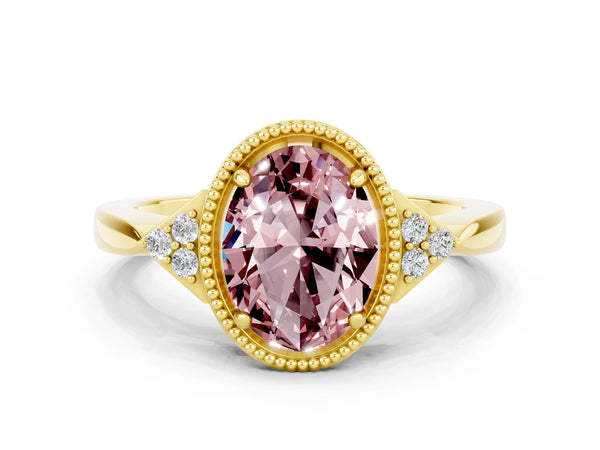 Yellow gold Oval Cut Morganite Halo Ring with Tapered Band and Four-Prong Setting