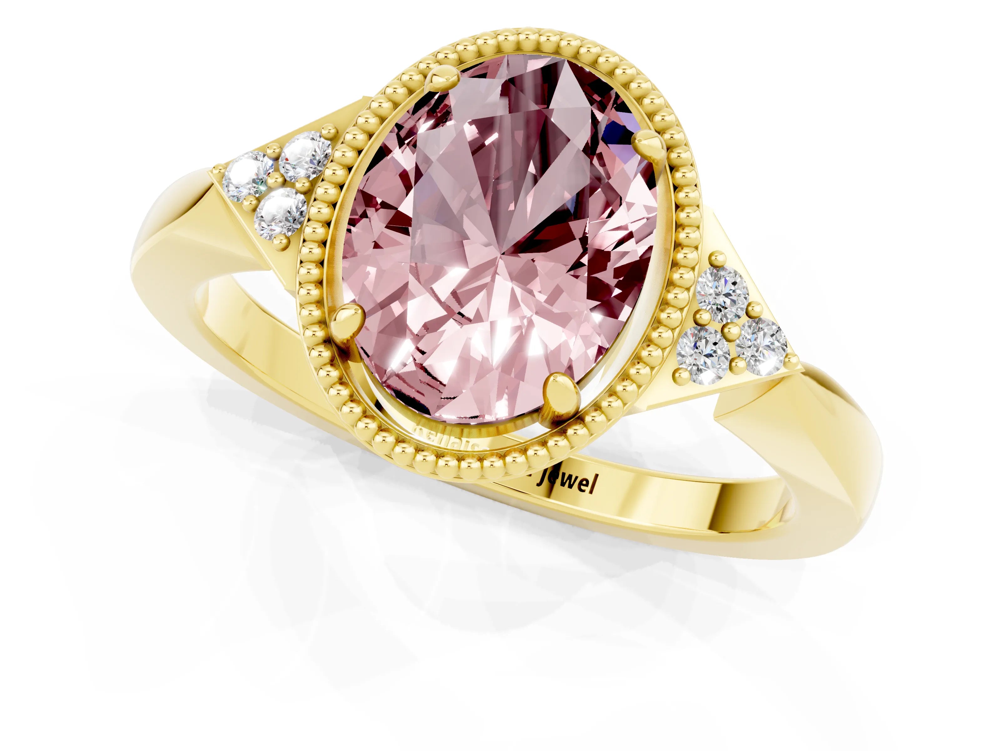 Yellow gold Oval Cut Morganite Halo Ring with Tapered Band and Four-Prong Setting_1
