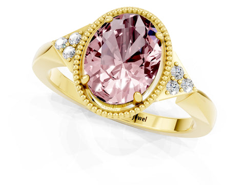 Yellow gold Oval Cut Morganite Halo Ring with Tapered Band and Four-Prong Setting_1