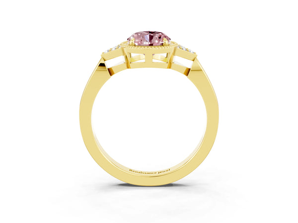 Yellow gold Oval Cut Morganite Halo Ring with Tapered Band and Four-Prong Setting
