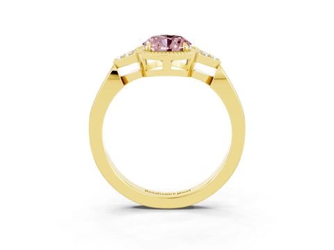 Yellow gold Oval Cut Morganite Halo Ring with Tapered Band and Four-Prong Setting_3