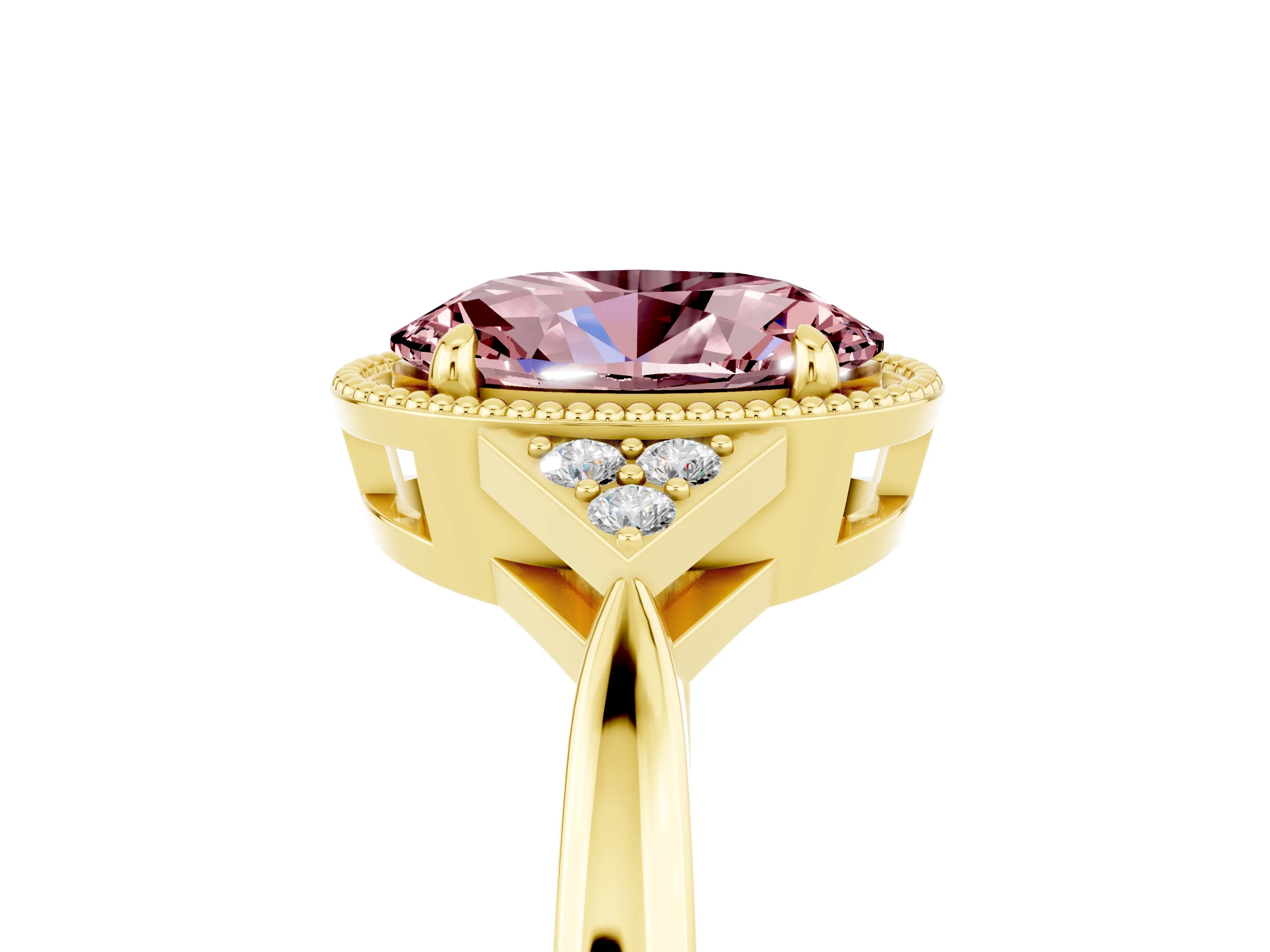 Yellow gold Oval Cut Morganite Halo Ring with Tapered Band and Four-Prong Setting_5