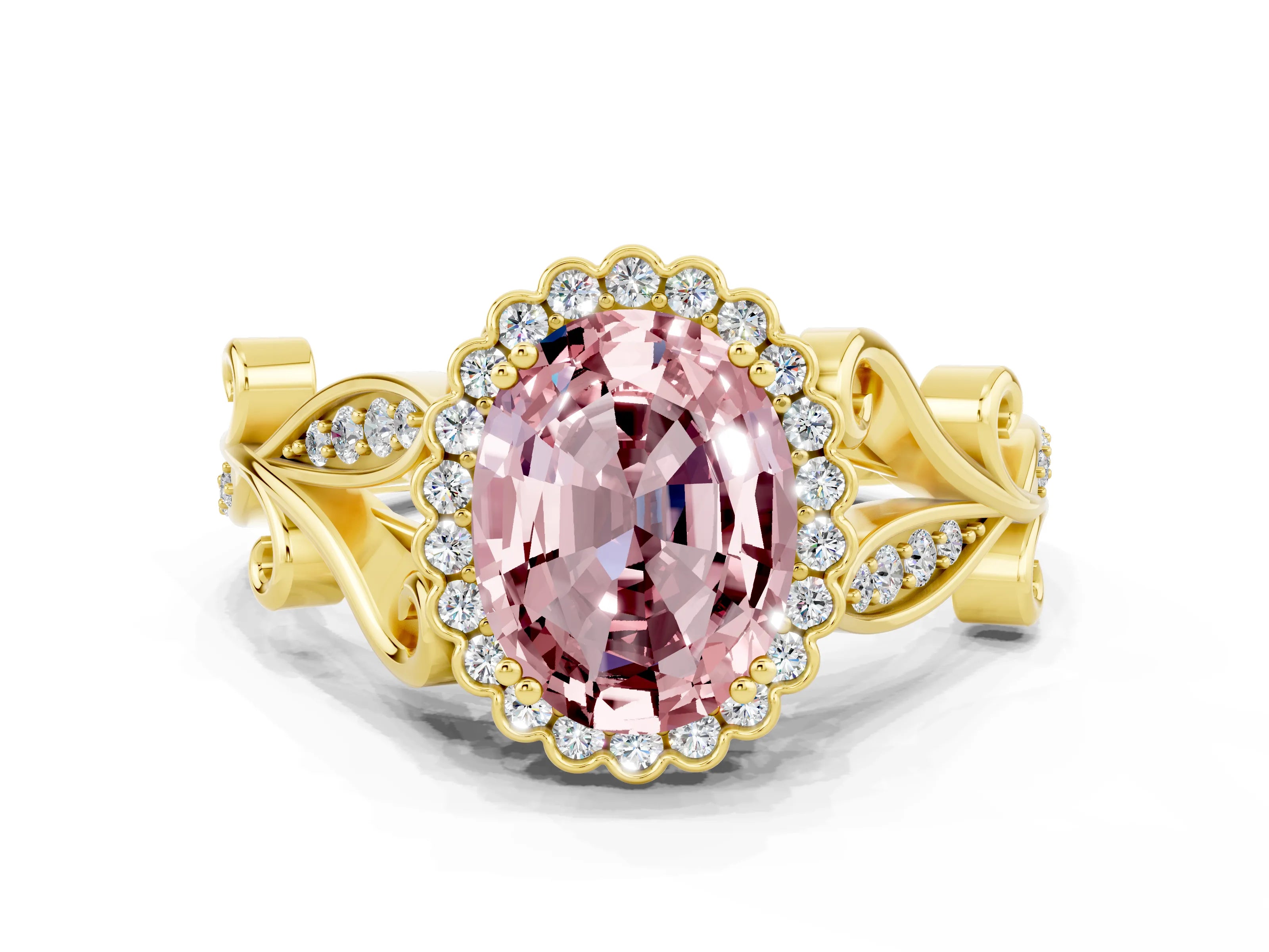 Yellow gold Oval Cut Morganite Halo Ring with Vintage Split Shank and Four-Prong Setting