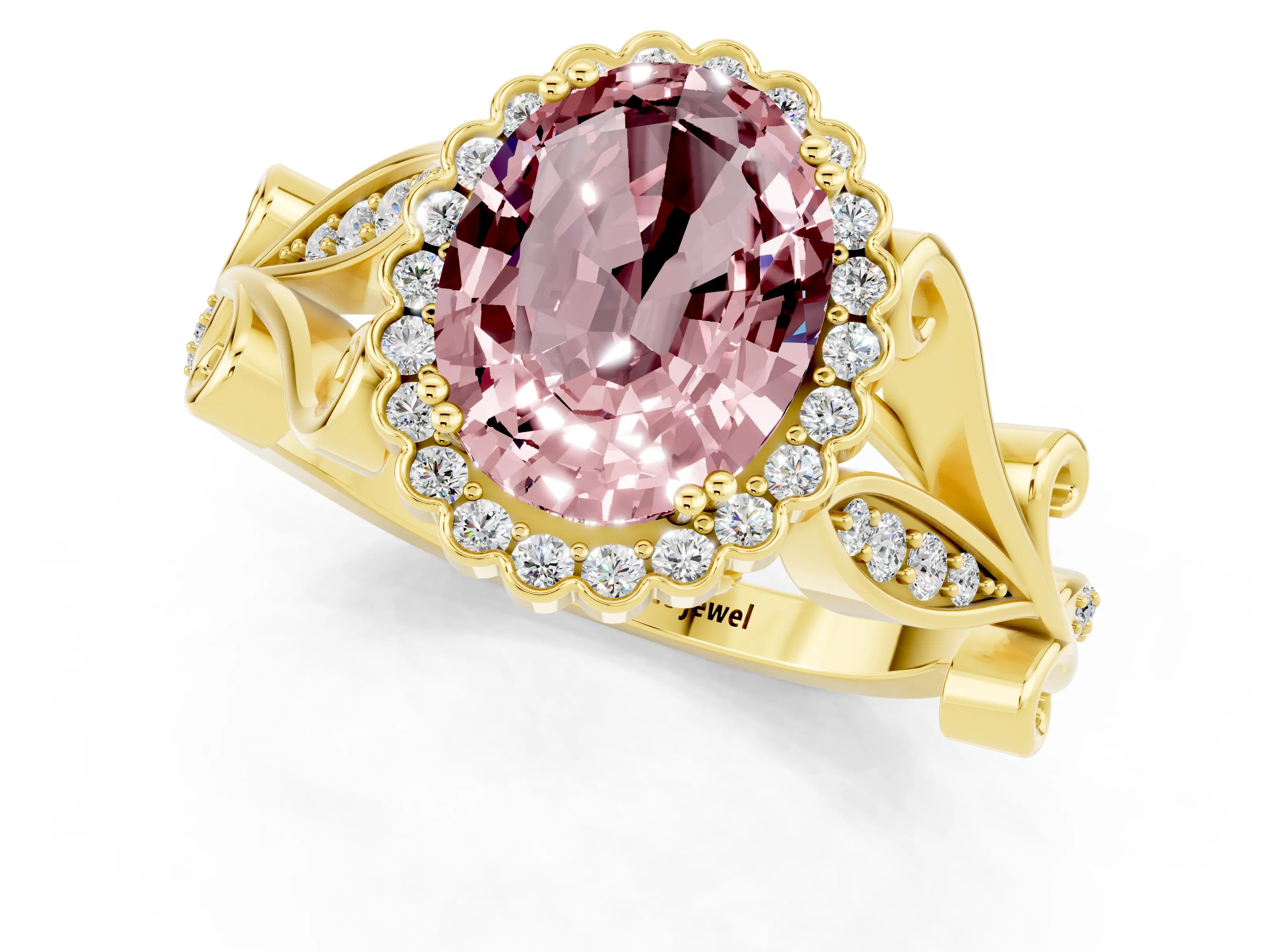Yellow gold Oval Cut Morganite Halo Ring with Vintage Split Shank and Four-Prong Setting_1
