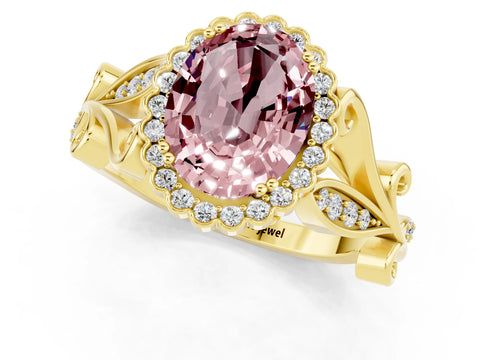 Yellow gold Oval Cut Morganite Halo Ring with Vintage Split Shank and Four-Prong Setting_1