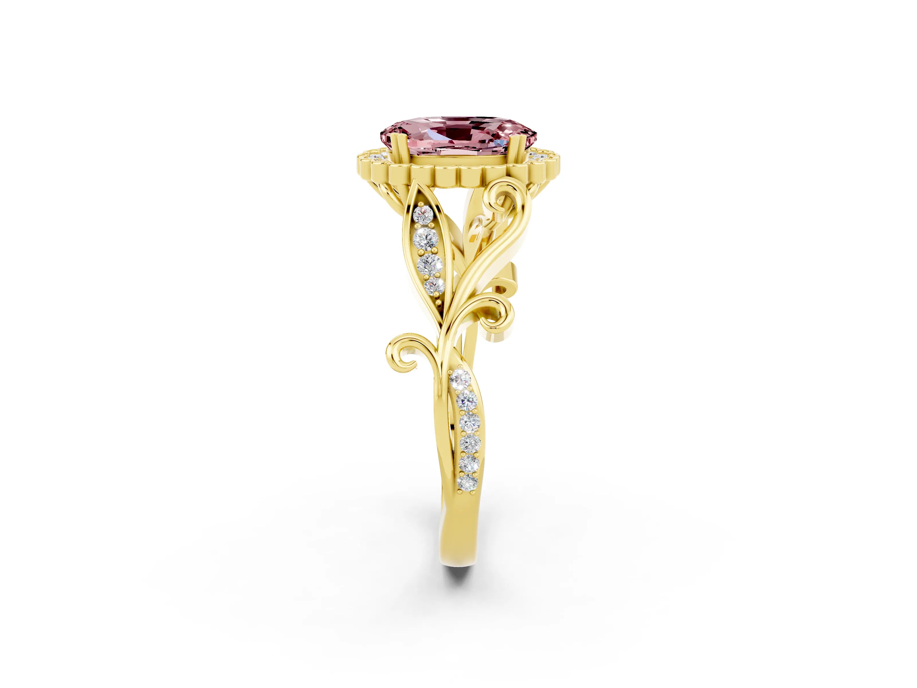 Yellow gold Oval Cut Morganite Halo Ring with Vintage Split Shank and Four-Prong Setting_2