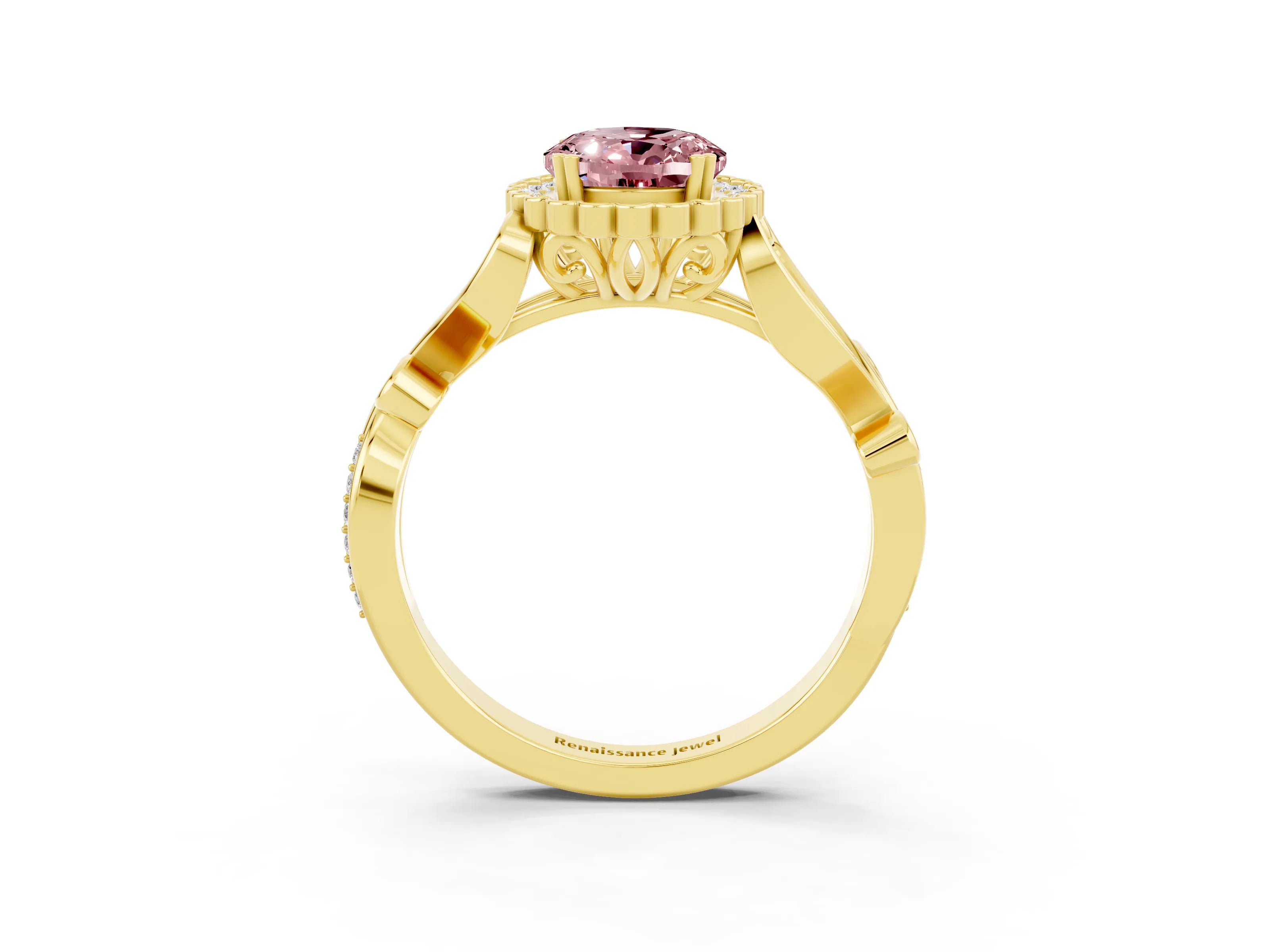 Yellow gold Oval Cut Morganite Halo Ring with Vintage Split Shank and Four-Prong Setting_3