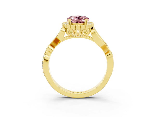 Yellow gold Oval Cut Morganite Halo Ring with Vintage Split Shank and Four-Prong Setting