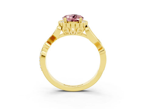 Yellow gold Oval Cut Morganite Halo Ring with Vintage Split Shank and Four-Prong Setting_3