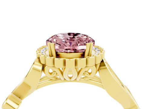 Yellow gold Oval Cut Morganite Halo Ring with Vintage Split Shank and Four-Prong Setting_4