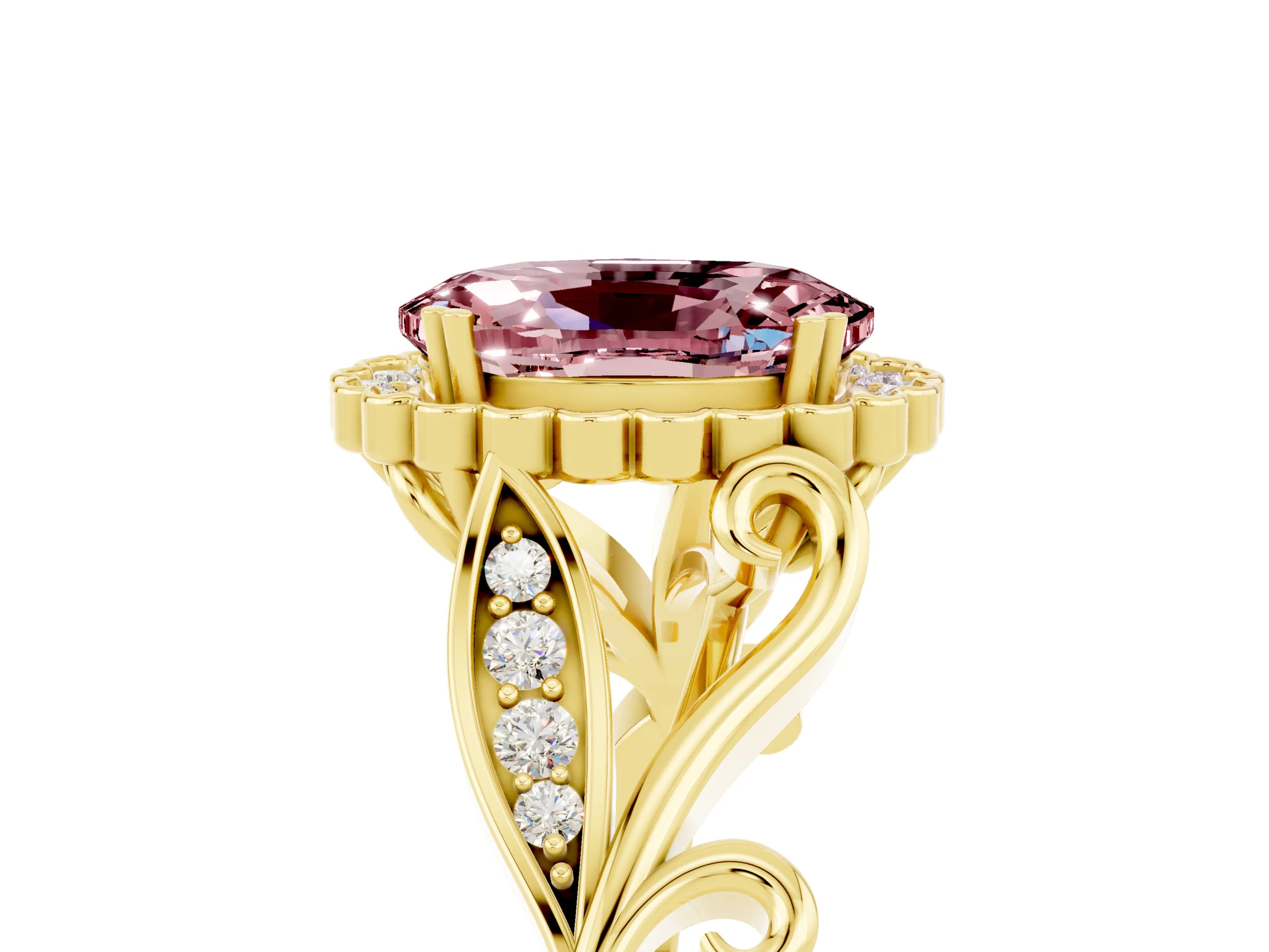 Yellow gold Oval Cut Morganite Halo Ring with Vintage Split Shank and Four-Prong Setting_5