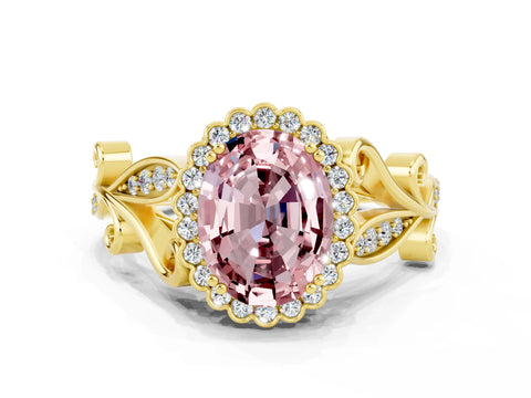 Yellow gold Oval Cut Morganite Halo Ring with Vintage Split Shank and Four-Prong Setting