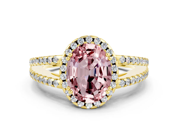 Yellow gold Oval Cut Morganite Halo Split Shank Engagement Ring