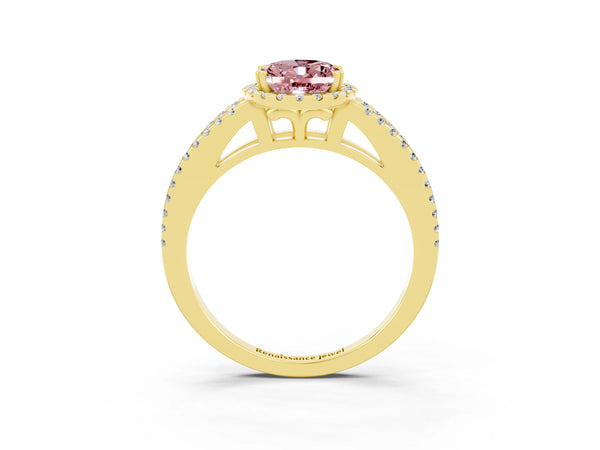 Yellow gold Oval Cut Morganite Halo Split Shank Engagement Ring
