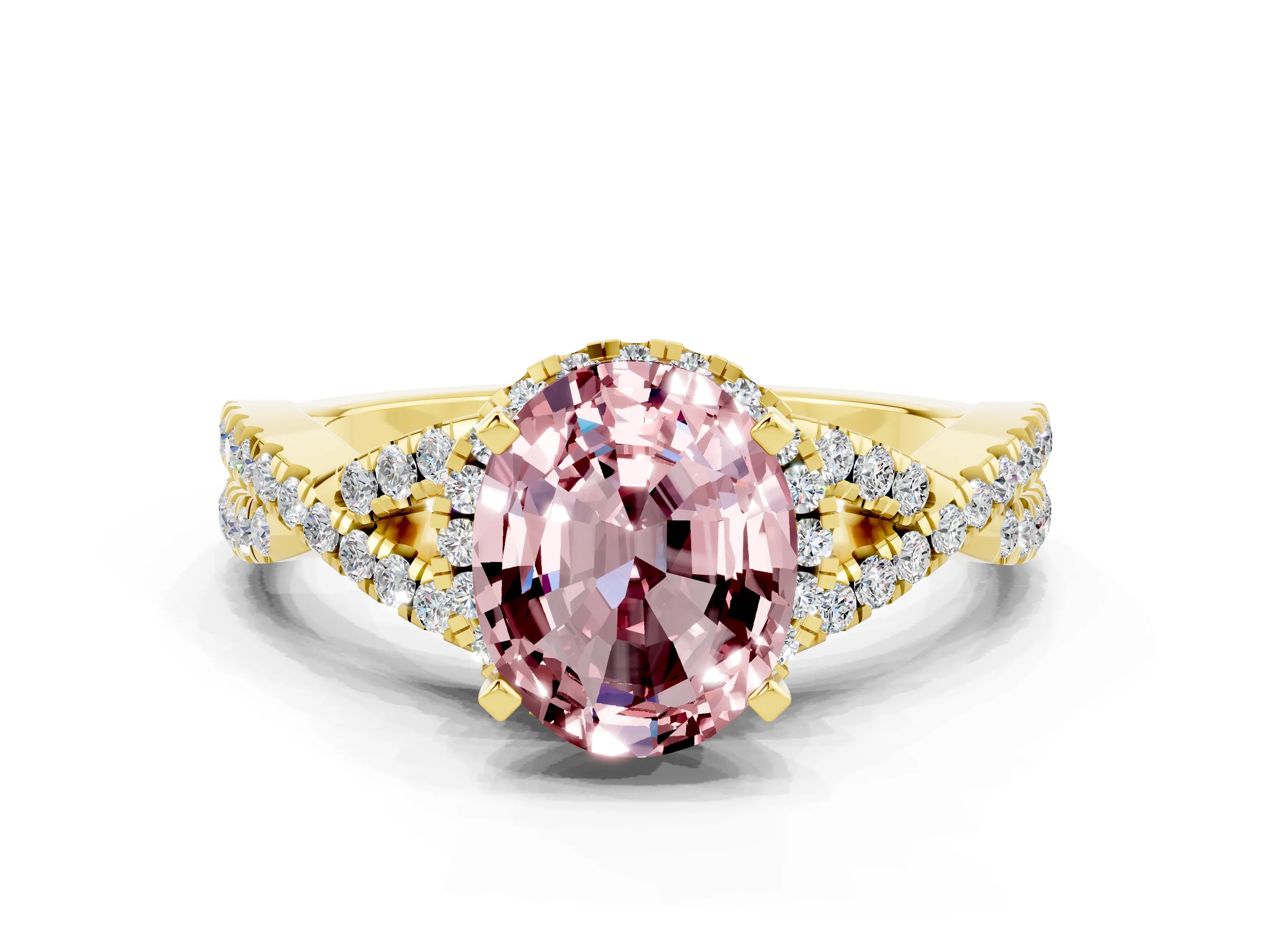 Yellow gold Oval Cut Morganite Halo Twist Band Solitaire Prong Setting Ring