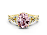 Yellow gold Oval Cut Morganite Halo Twist Band Solitaire Prong Setting Ring