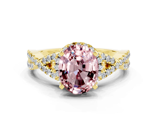 Yellow gold Oval Cut Morganite  Halo Twist Band Solitaire Prong Setting Ring