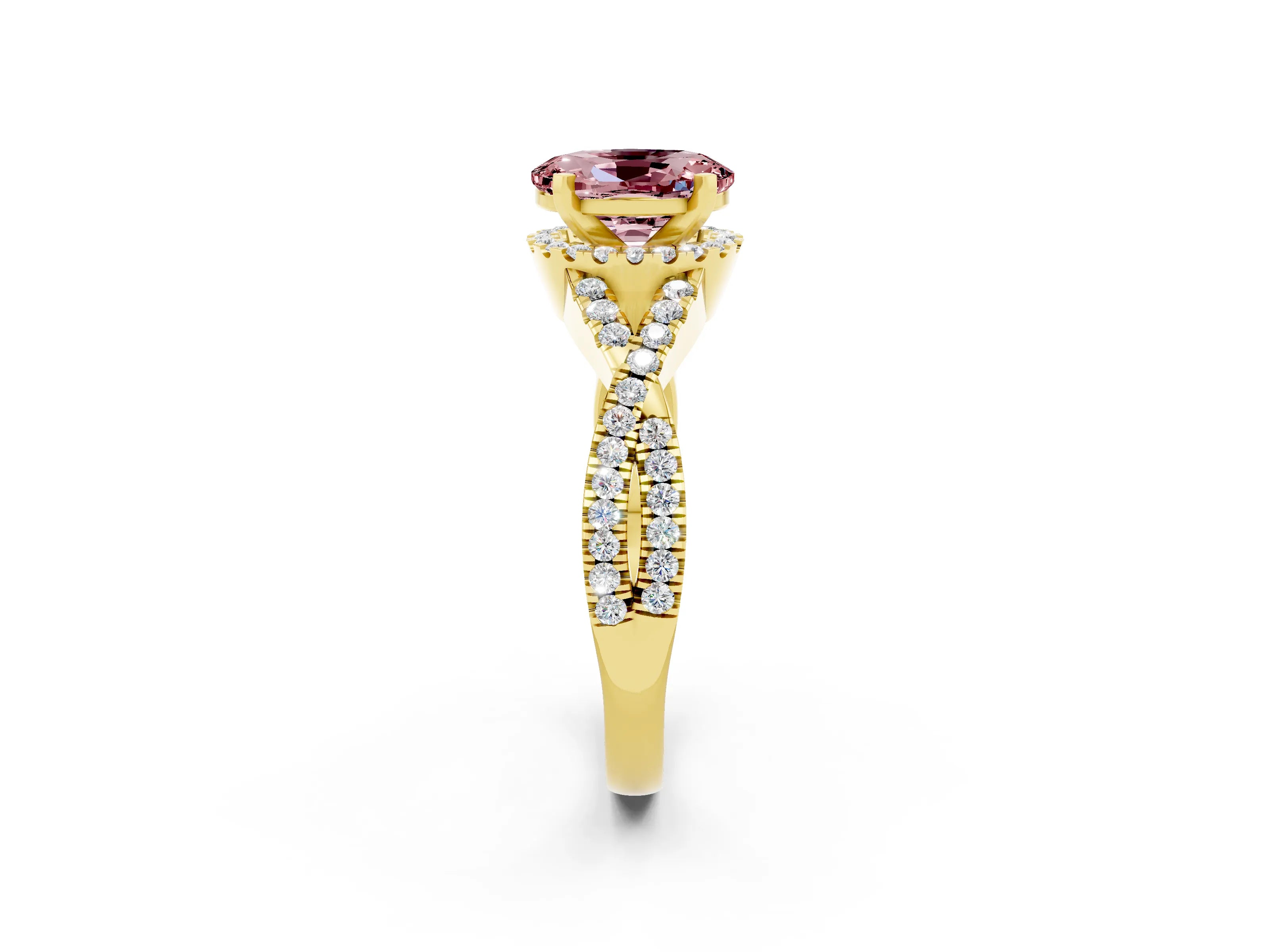 Yellow gold Oval Cut Morganite Halo Twist Band Solitaire Prong Setting Ring_2