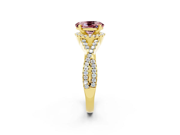 Yellow gold Oval Cut Morganite  Halo Twist Band Solitaire Prong Setting Ring