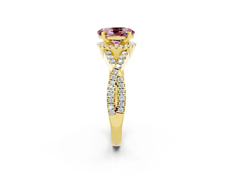 Yellow gold Oval Cut Morganite Halo Twist Band Solitaire Prong Setting Ring_2