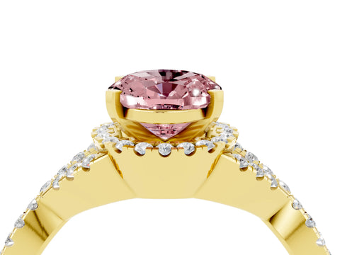Yellow gold Oval Cut Morganite Halo Twist Band Solitaire Prong Setting Ring_4