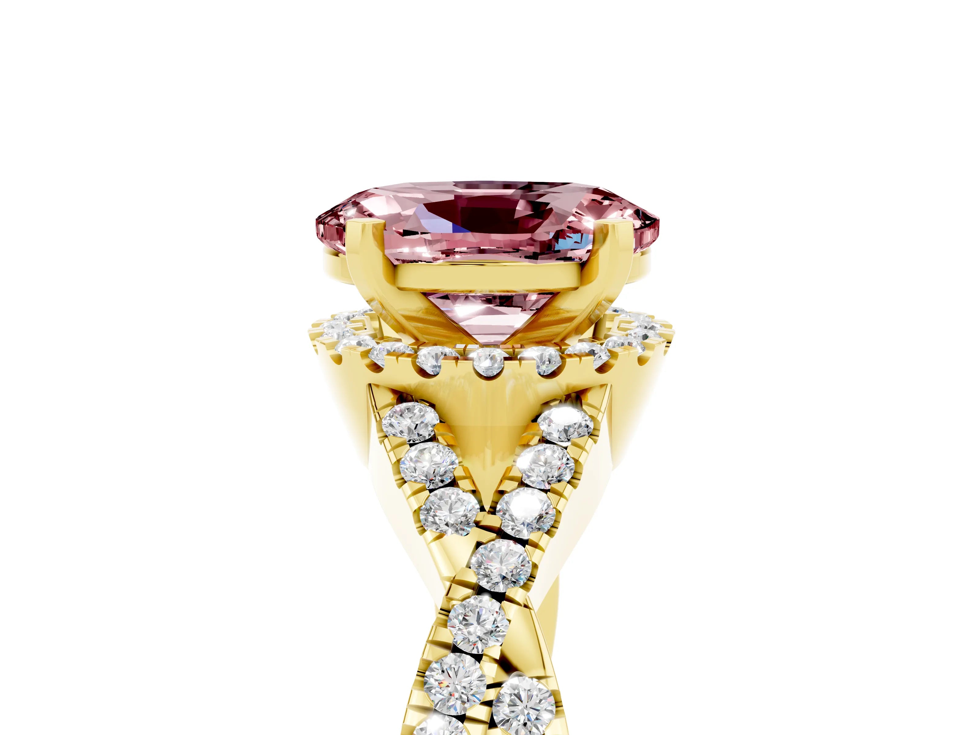 Yellow gold Oval Cut Morganite Halo Twist Band Solitaire Prong Setting Ring_5
